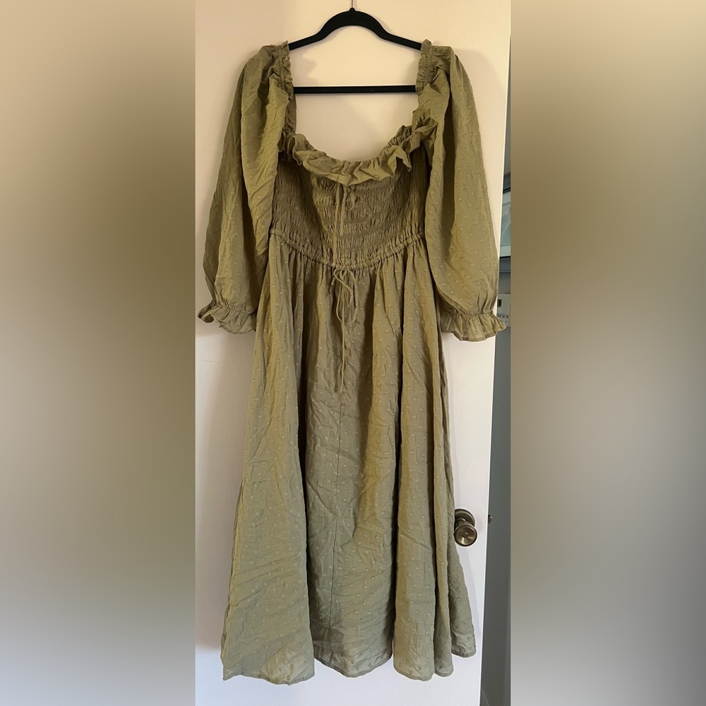 Cottage Core Olive Smocked Dress with Puff Sleeves